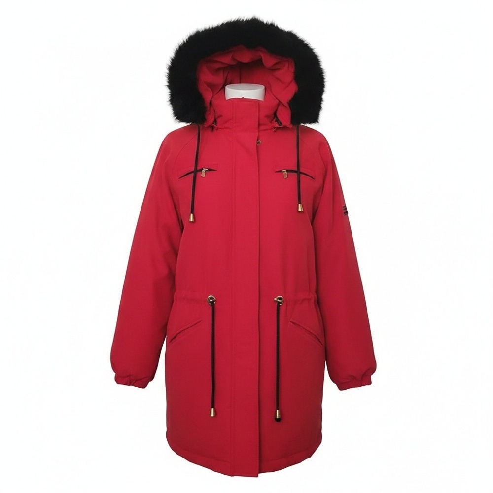 Damselle Vintage Retro Red Parka Jacket Removable Faux Fur Trim Hood Coat XL